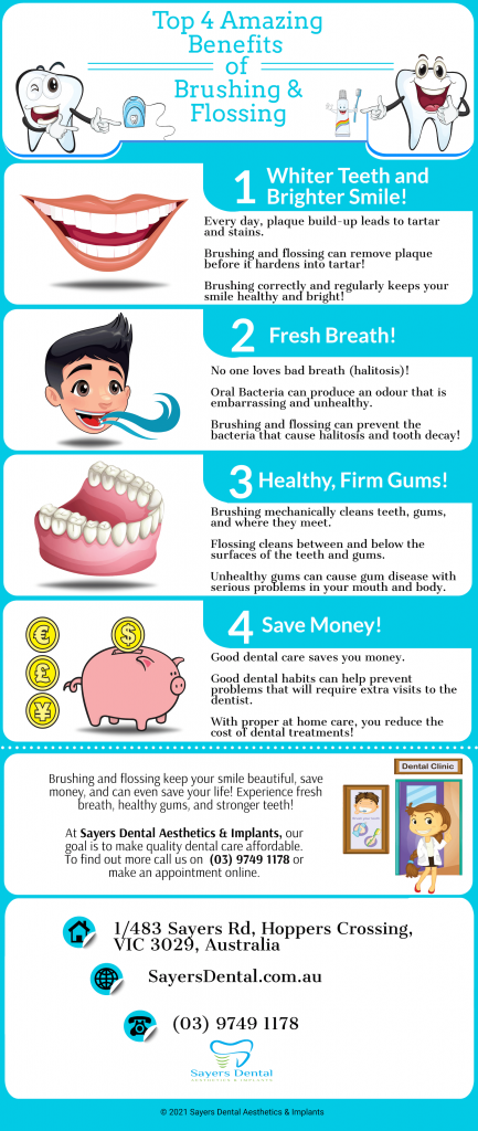 top 4 amazing benefits of brushing and flossing from sayers dental aesthetics and implants infographic
